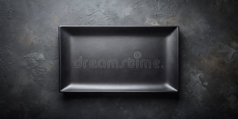 Empty matte black rectangular plate on dark surface. Generative AI stock illustration