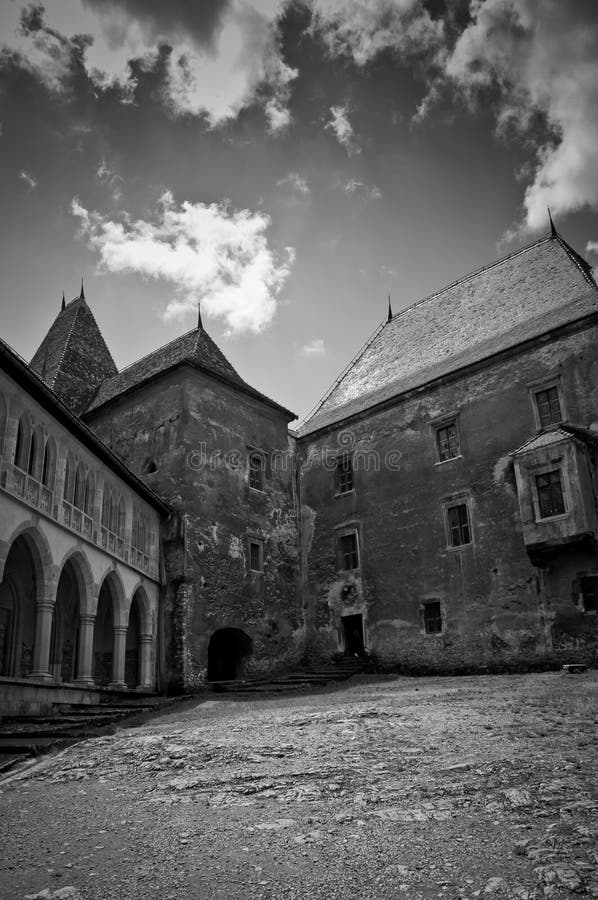 Empty misterious courtyard of an old stone castle