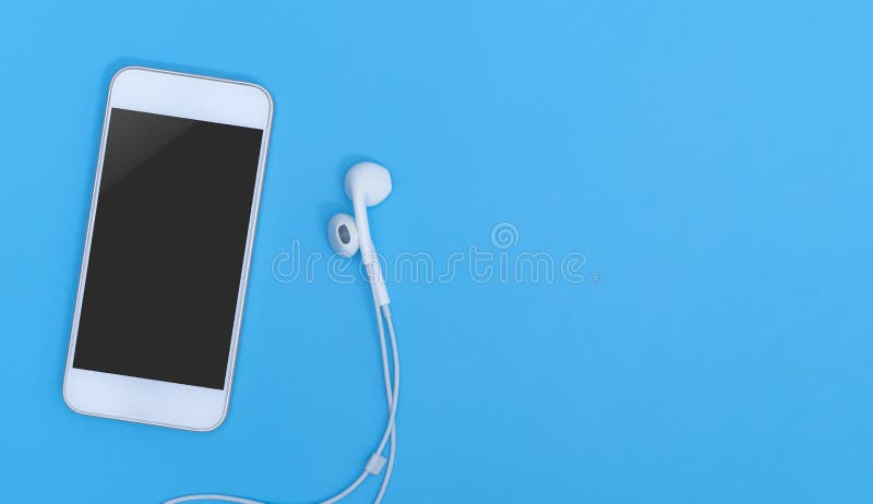 Empty Mobile phone screen with Music earphone on blue copy space for poster and text