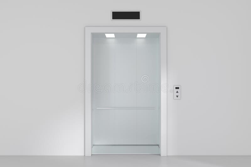 An empty modern elevator or lift with metal doors that are open