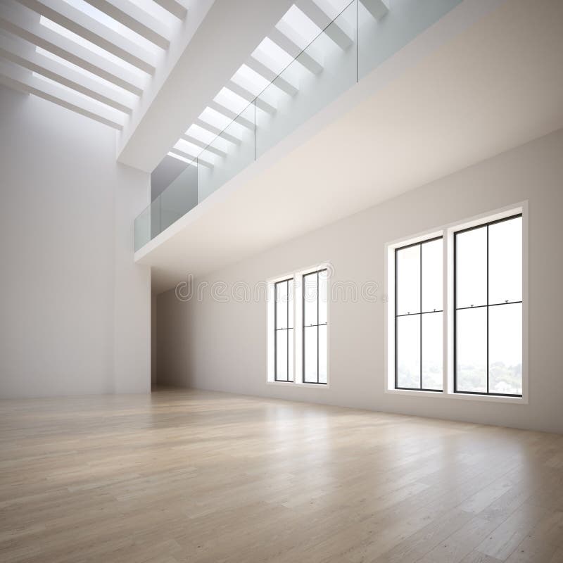 Empty Modern Design Room with Parquet Floor 3D Rendering Stock Image