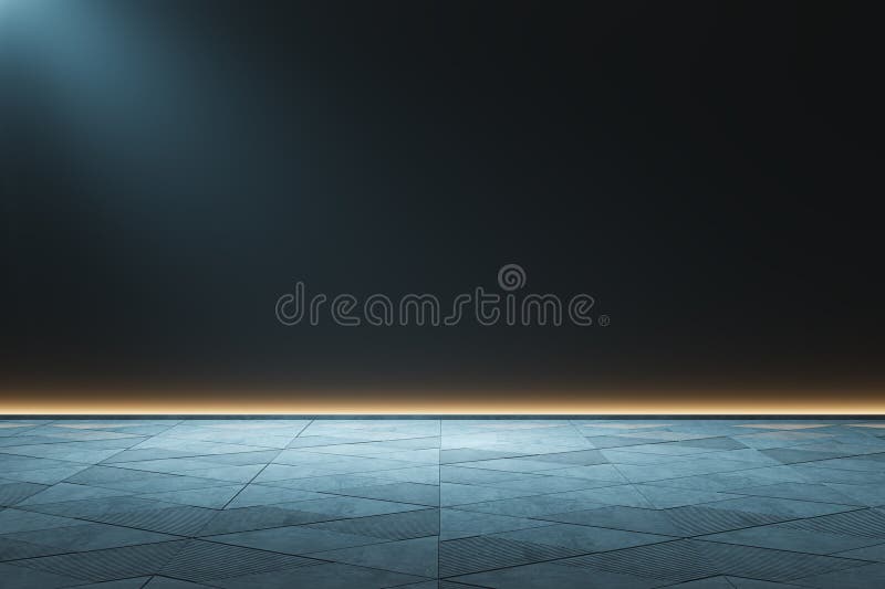 An empty modern interior with a tiled floor against a dark gradient background, embodying a minimalist design concept. 3D