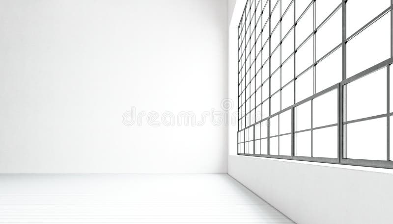 Empty modern meeting room huge panoramic windows,painted white wood floor,concrete blank walls.Generic design interior stock illustration Empty modern meeting room huge panoramic windows,painted white wood floor,concrete blank walls.Generic design interior stock illustration