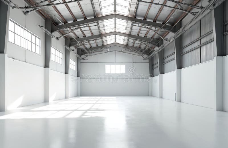 Empty modern warehouse interior with high ceiling, exposed steel beams, bright skylights. Large windows fill clean white space stock illustration