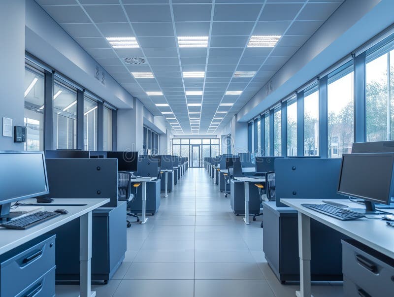 Empty modern workspace with computers arranged on table stock photos