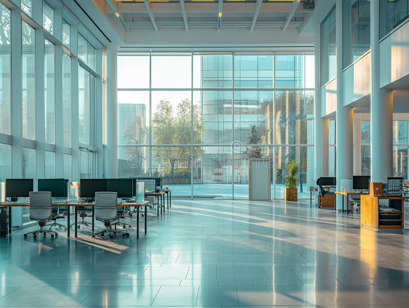 Empty modern workspace with computers arranged on table royalty free stock photos