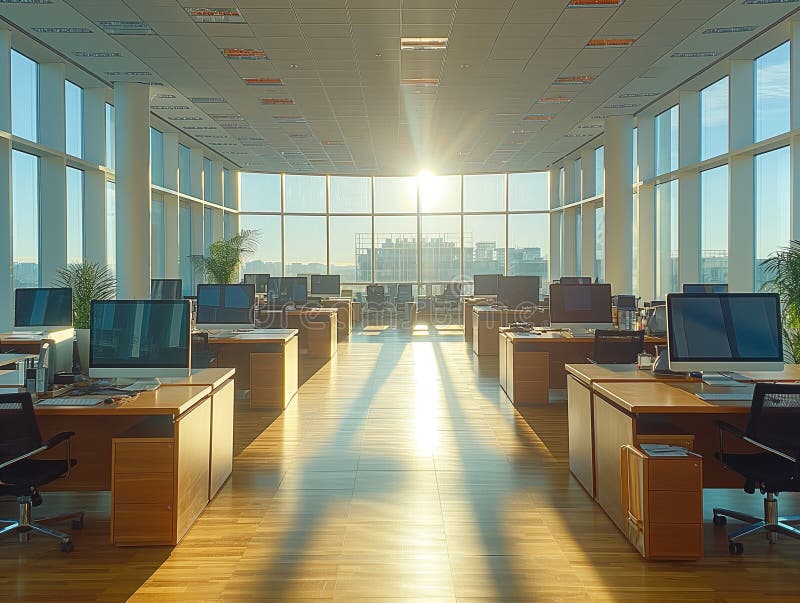 Empty modern workspace with computers arranged on table royalty free stock images