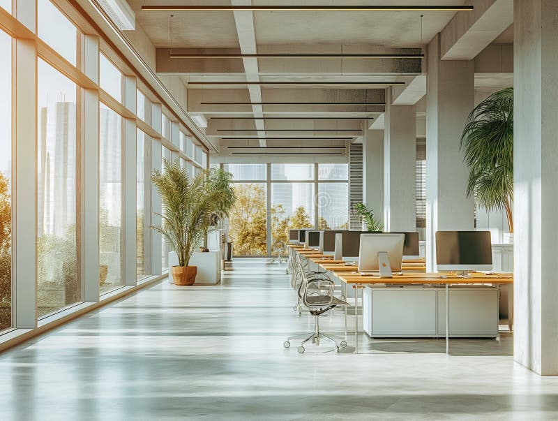 Empty modern workspace with computers arranged on table. AI generated
