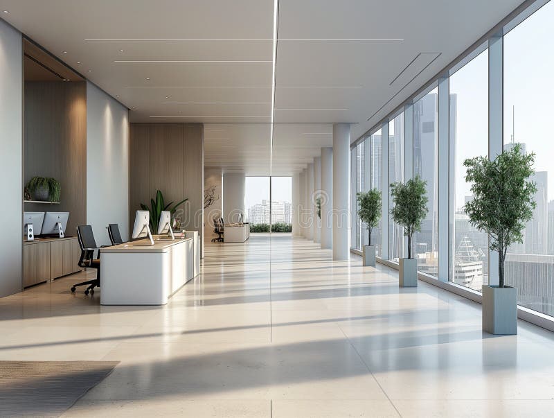 Empty modern workspace with computers arranged on table royalty free stock image