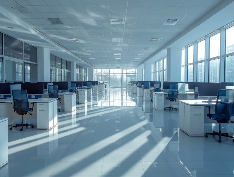 Empty modern workspace with computers arranged on table stock images