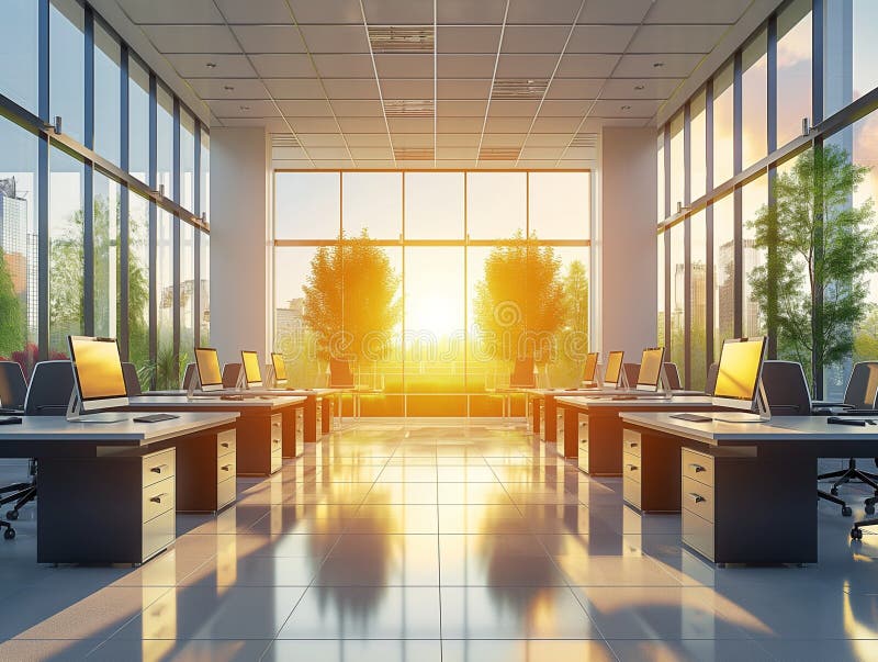 Empty modern workspace with computers arranged on table stock photography