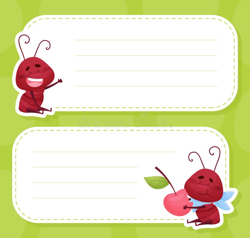 Empty Note Card with Cute Ant Character Vector Template Stock Vector