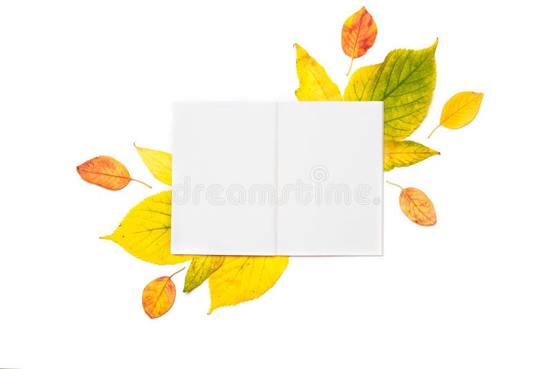 Empty notepad for writing or for a wish list on an autumn background of colored leaves isolated on white.