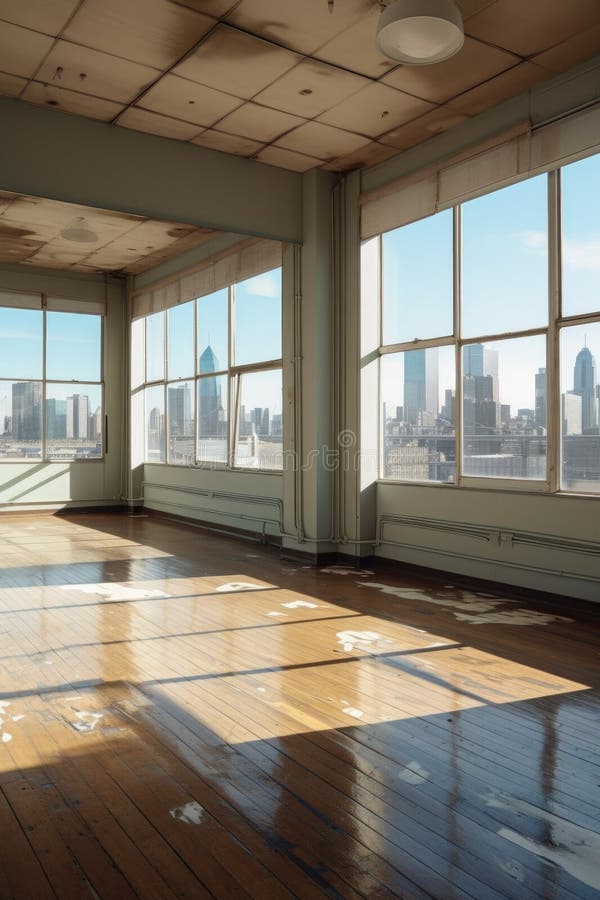 Empty office space with large windows and city view vector illustration