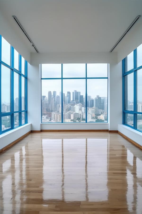 Empty office space with large windows and city view royalty free illustration