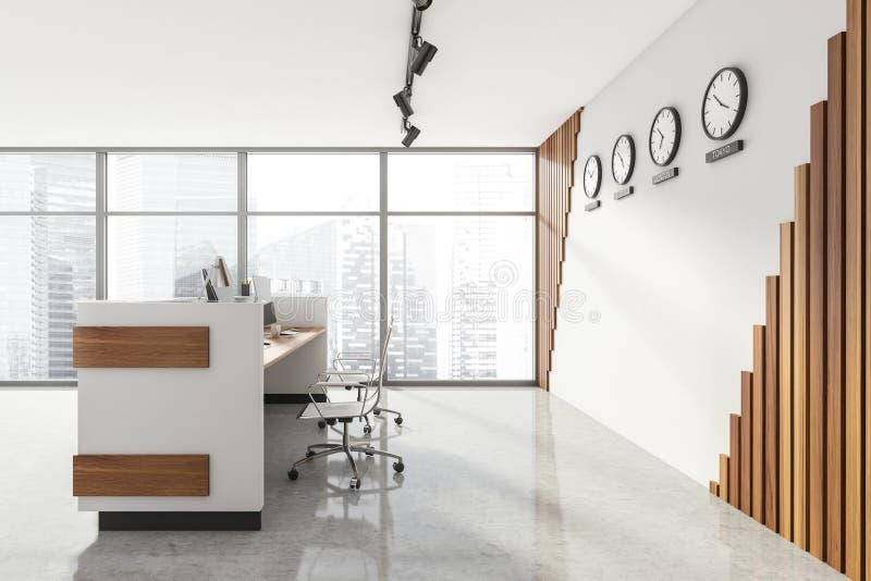 Empty Office, Wooden Reception Interior at White Wall, 4 Clocks on it