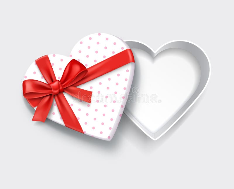 Empty open heart shaped white gift box with red ribbon. Vector illustration.