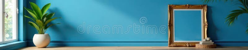 Empty ornate frame mockup on textured blue wall, decorative elements nearby, illustration, visual asset, asset vector illustration