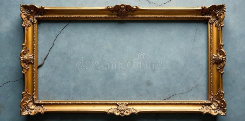 Empty ornate gold frame on gray concrete, copy space, template, shadow, background vector illustration