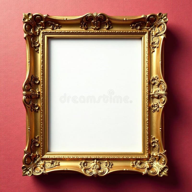 Empty ornate gold frame holds a pristine canvas , canvas, rich stock illustration