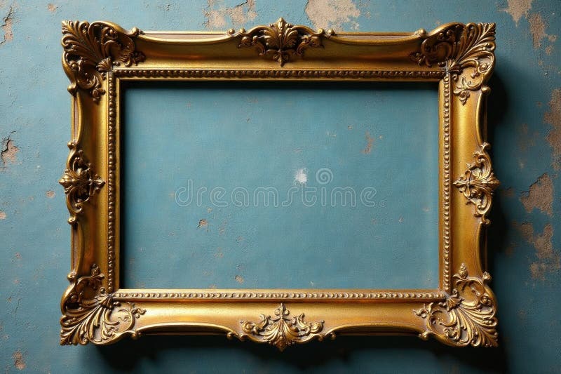Empty ornate gold frame on weathered concrete , concrete, empty, photography stock illustration