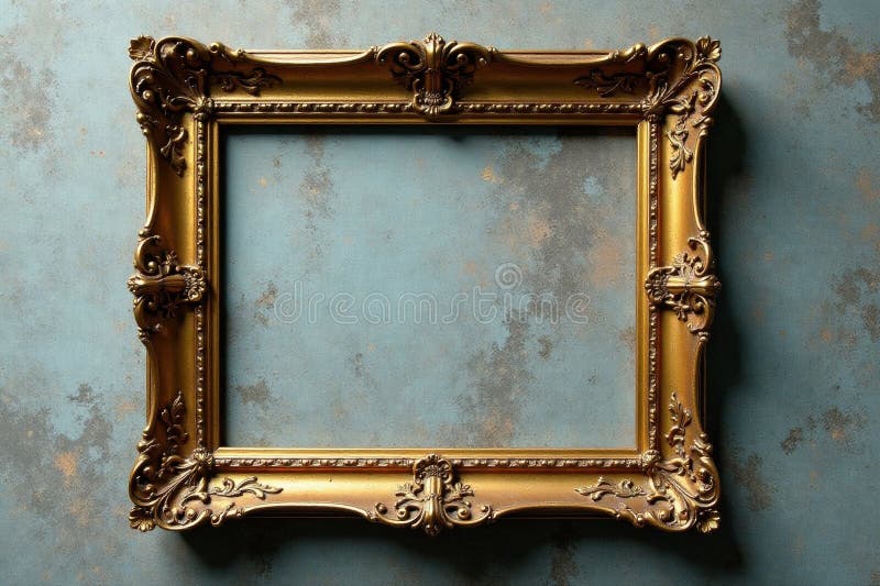 Empty ornate gold frame on weathered concrete , grey, shadow royalty free illustration