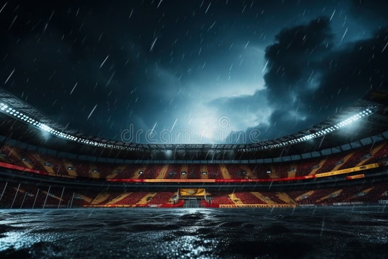 Empty outdoor stadium for playing football in the pouring rain. Sports competition concept.