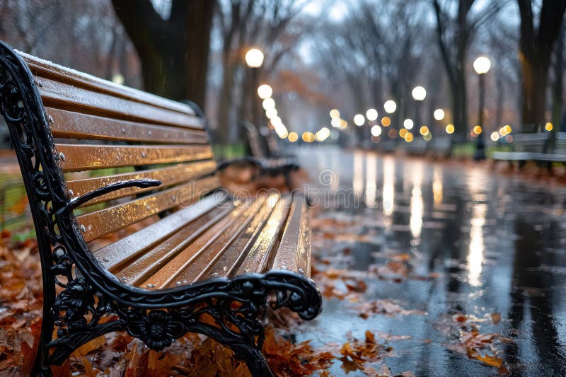 Empty park bench on rainy autumn evening royalty free stock photography