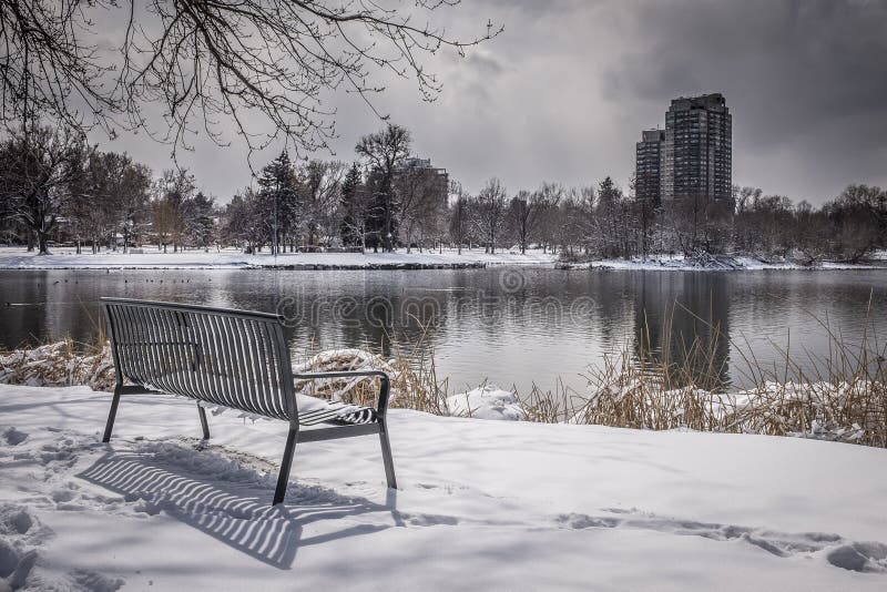 Empty Park Bench with snow, trees and lake