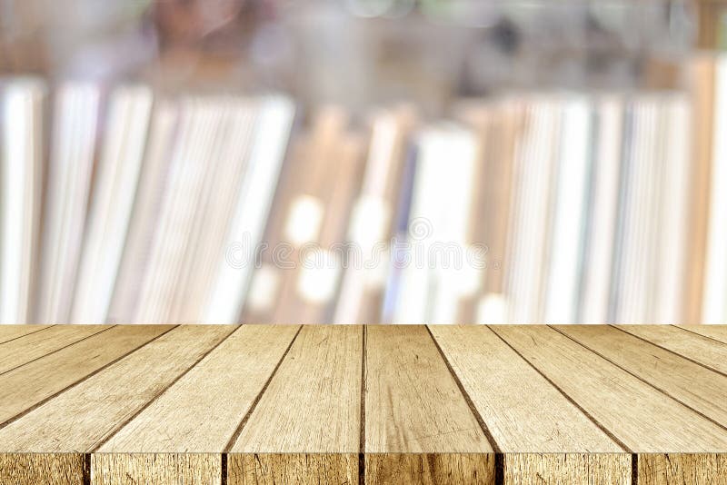 Empty perspective wood, table, shelf, over blur bookshelves at b stock image