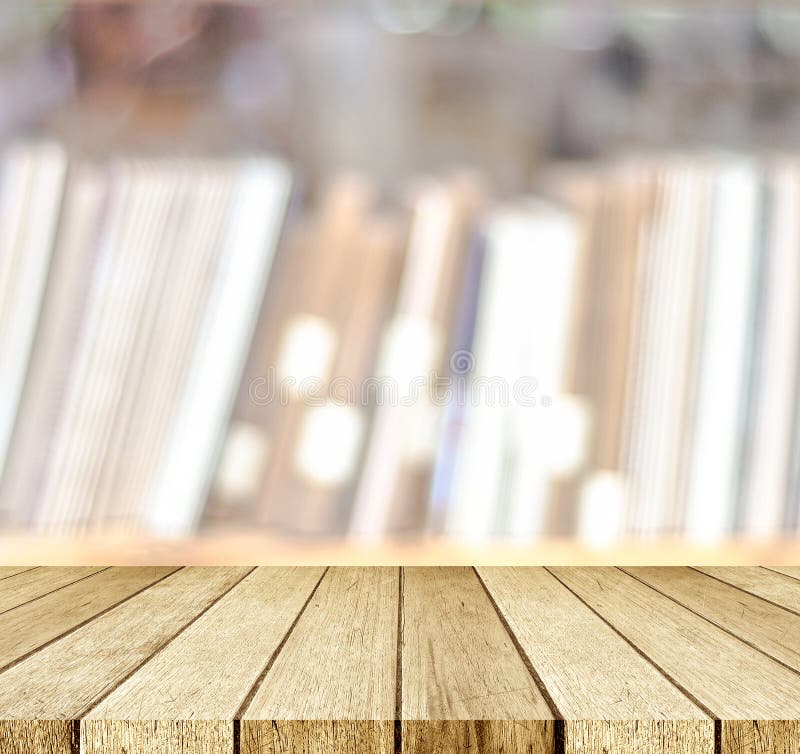 Empty perspective wood, table, shelf, over blur bookshelves at b stock photos