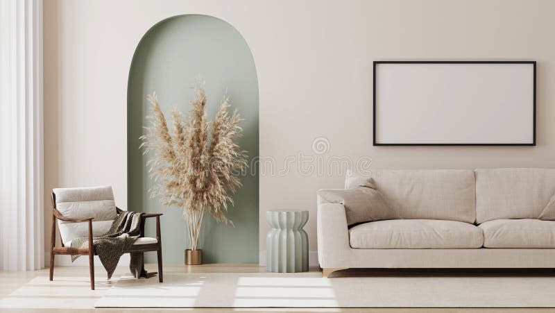 Empty picture frame on beige wall in living room interior with modern furniture and decorative green arch with trendy dried