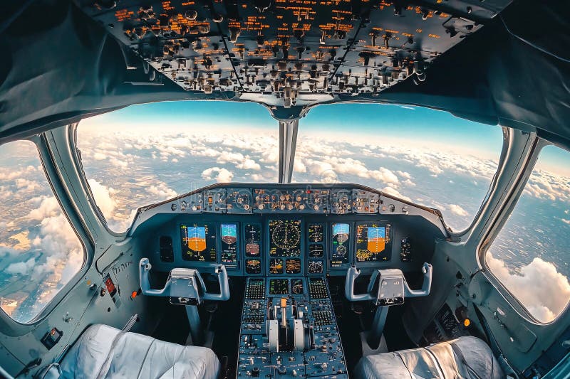 Empty pilots point of view of driving airplane vector illustration
