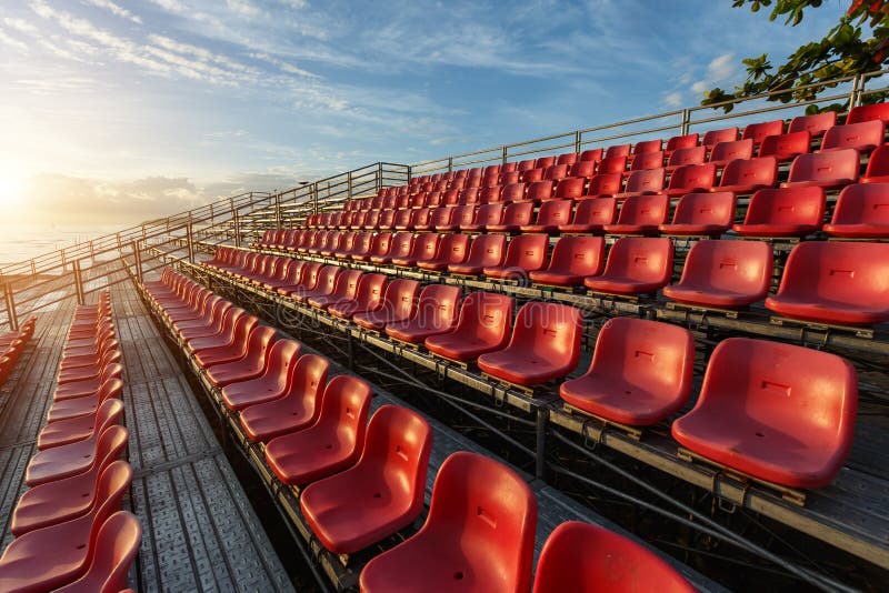 Empty plastic chairs at temporary grandstand stadium in Phuket royalty free stock photography