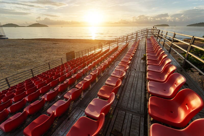 Empty plastic chairs at temporary grandstand stadium in Phuket royalty free stock photos