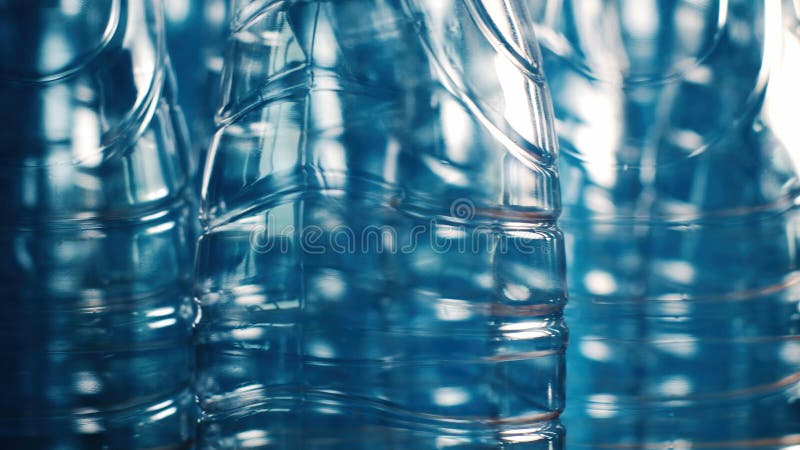 Empty plastic water bottles close-up as blue tinted abstract texture stock image