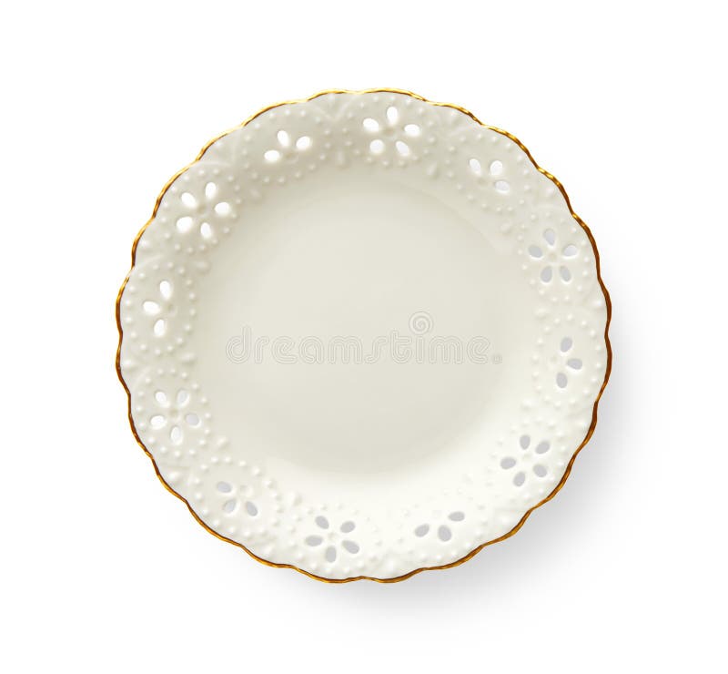 Empty plate with golden pattern edge, White round plate features a beautiful gold rim with floral pattern, View from above stock photo Empty plate with golden pattern edge, White round plate features a beautiful gold rim with floral pattern, View from above stock photo