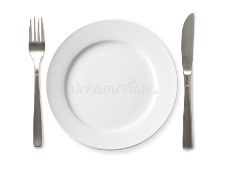 Empty plate with knife and fork on a white background. stock photography