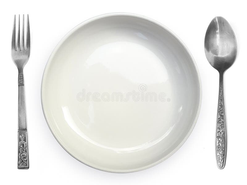 Empty plate with spoon and fork on a white background stock images
