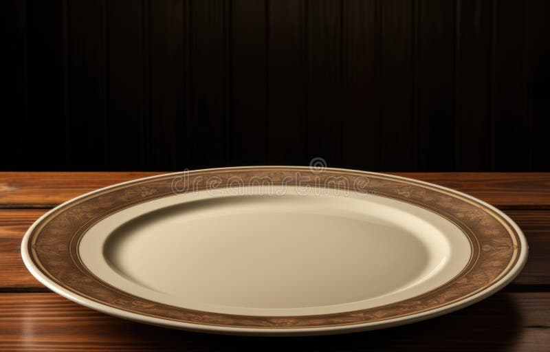 Empty Plate on Wooden Table with Dark Background, AI Stock Illustration
