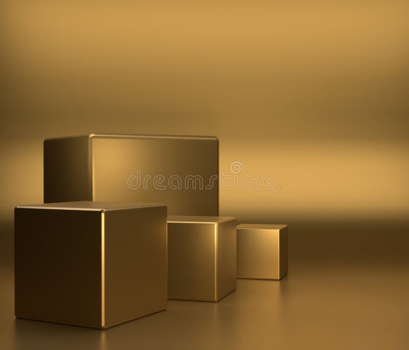 Empty podium on gold color background with box stand concept product shelf standing 3D rendering vector illustration