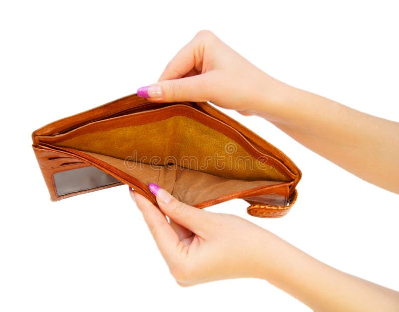 Old empty wallet and coins in the hands .Vintage empty purse and coins in  hands of women . Poverty concept. Bankruptcy. Stock Photo | Adobe Stock