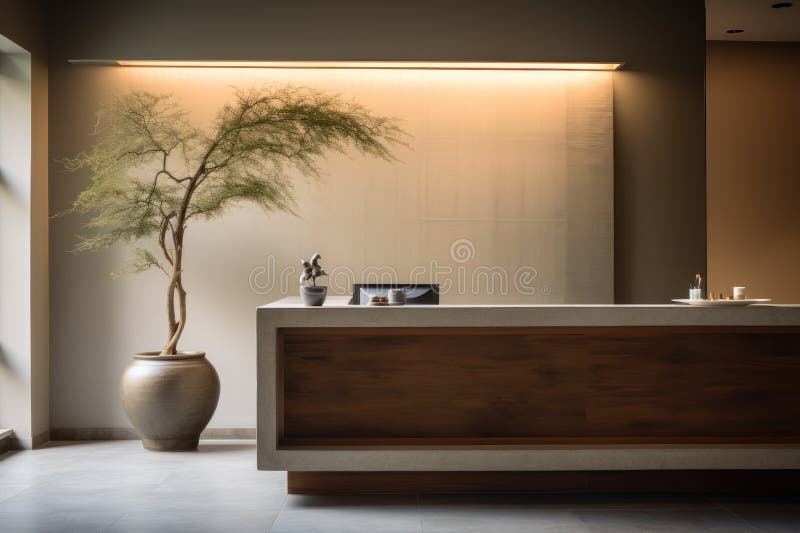 Empty reception, cool contemporary lighting, highlighting sleek, minimalist counters royalty free stock photos