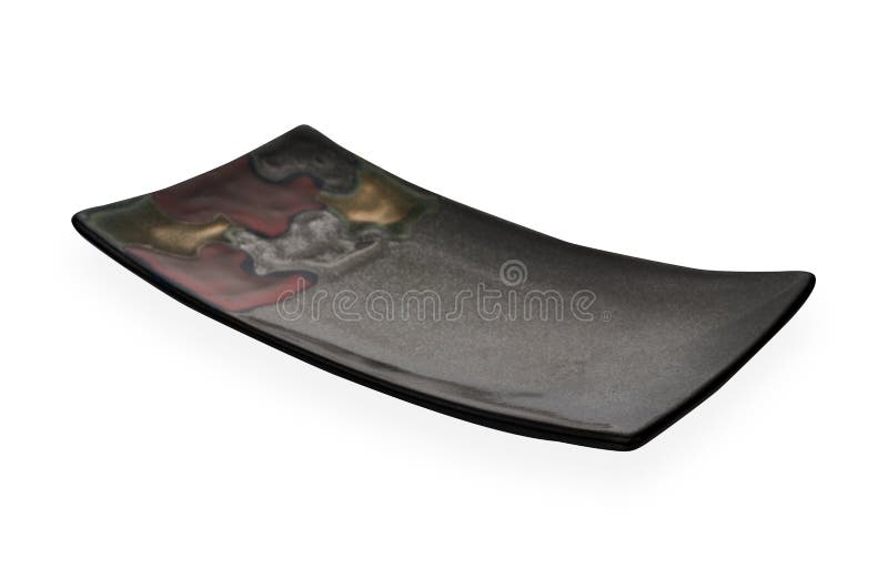 Empty rectangular plate, Black ceramics plate with colorful pattern isolated on white background with clipping path, Side view royalty free stock photography Empty rectangular plate, Black ceramics plate with colorful pattern isolated on white background with clipping path, Side view royalty free stock photography