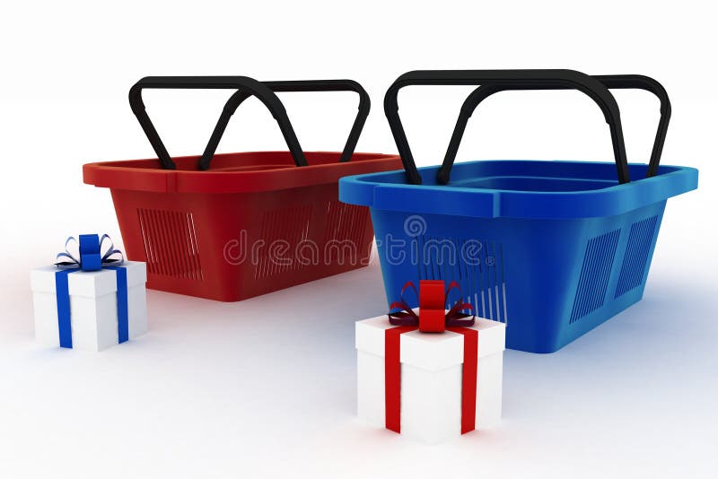 Empty Red and Blue Plastic Shopping Baskets with Boxes of Gifts Stock Illustration