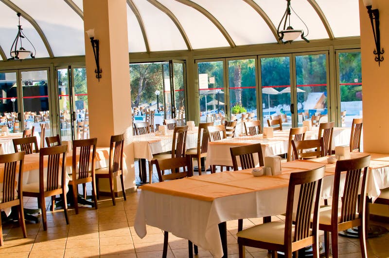 Empty restaurant awaiting visitors.