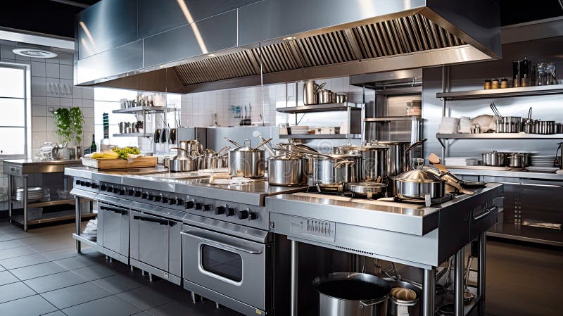 Empty restaurant kitchen with professional equipment.