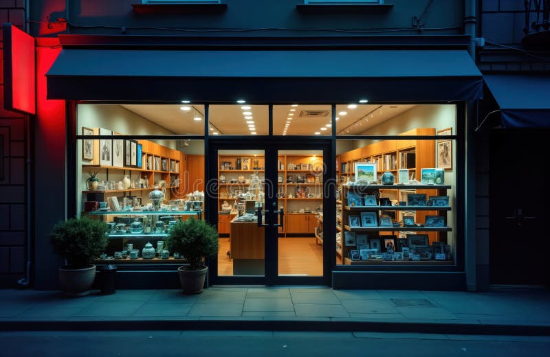 Empty retro shop at night. Interior shop window display antique items. Calm atmosphere with warm lights. No customers staff vector illustration