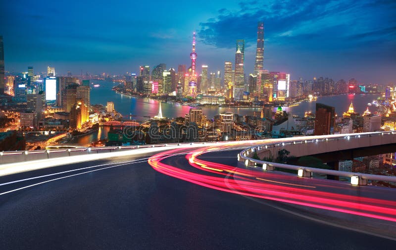 Empty road floor with bird-eye view at Shanghai bund Skyline