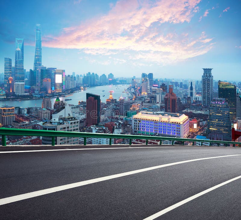 Empty Road Floor with Bird-eye View at Shanghai Bund Skyline Stock ...